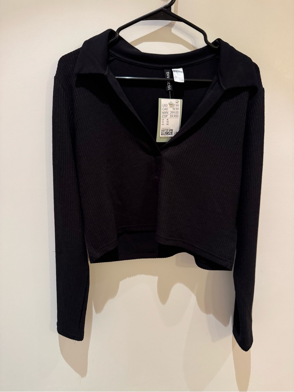 H&M Black Ribbed Long-Sleeve Cropped Polo Top